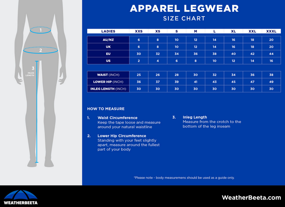 2025 Weatherbeeta Womens Bottoms  Size Chart